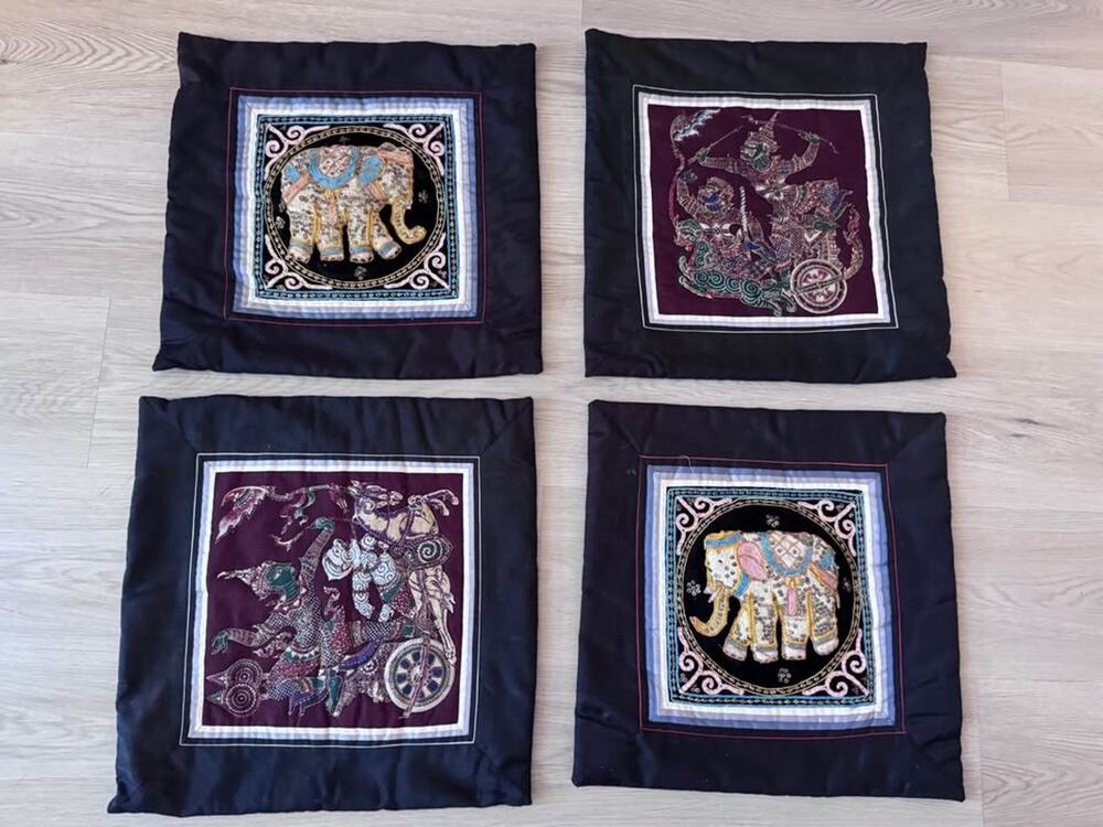 Set of 4 Vintage Ramakien Thai Black Silk Throw Pillow Cushion Covers Elephant